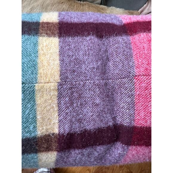 WILLIAMS SONOMA wool plaid pillow pink red green 20x20”with down feather insert - Picture 4 of 14